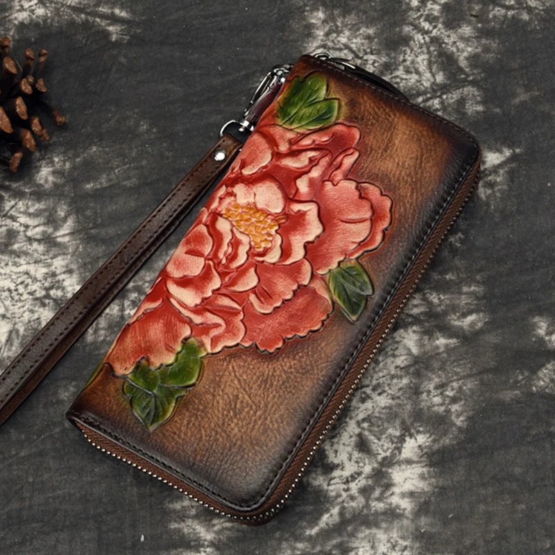 

High Quality Genuine Leather Clutch Wallet Money Handy Wrist Bags ID/Credit Card Holder Embossed Women Natural Skin Long Purse