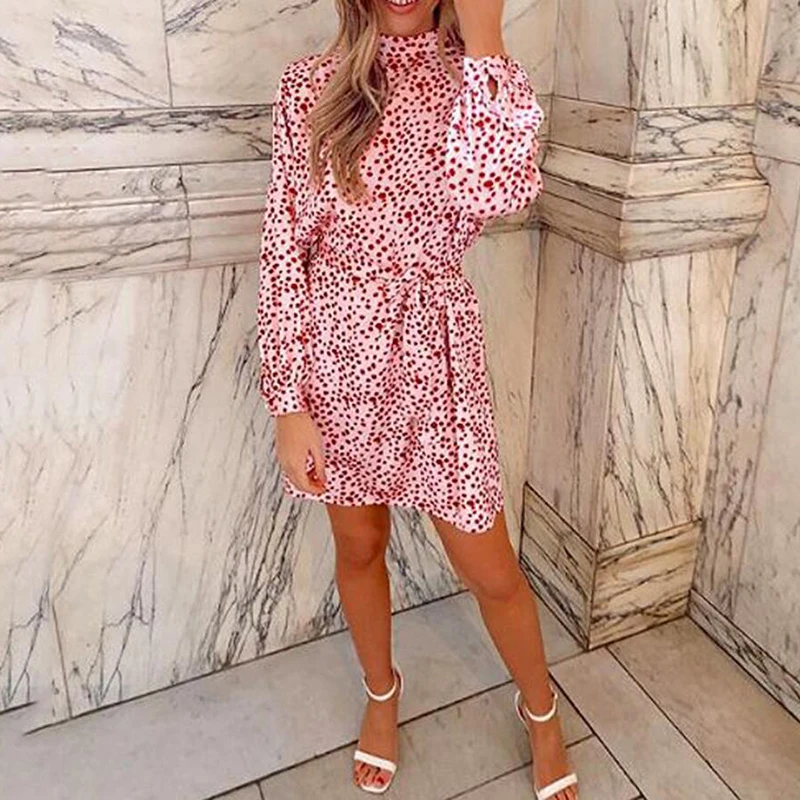 

Платье-водолазка женское, с принтом в красный горошек, с длинным рукавом, свободного покроя, на шнуровке, повседневное, весна-осень 2021