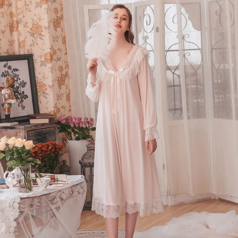 Женская ночная рубашка с длинным рукавом винтажная v образным вырезом из хлопка