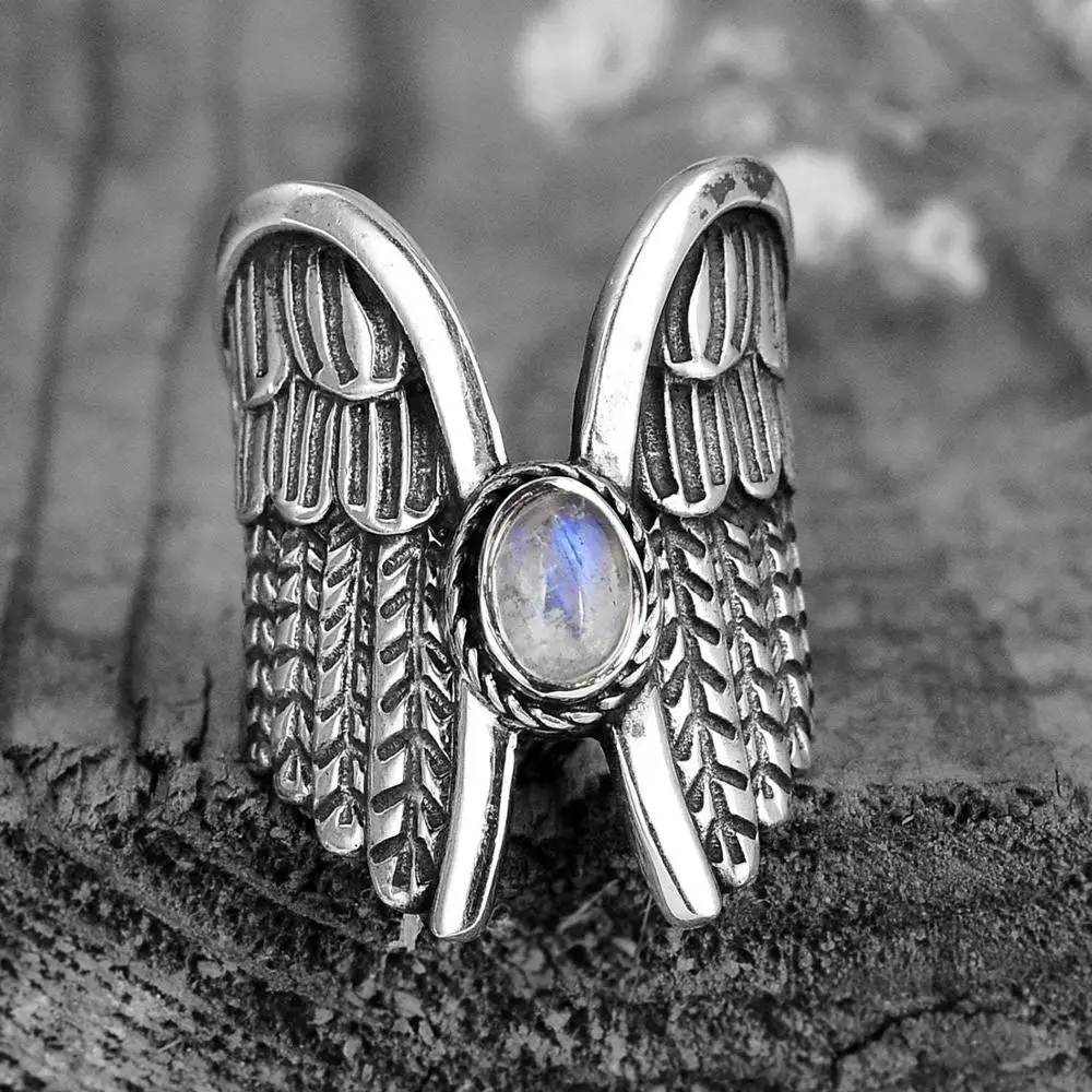 

Milangirl Vintage Thai Angel Wings Moonstone Feather Ring Womens Unique Jewelry Party jewelry