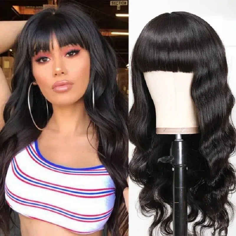 

180% Density Body Wave Human Hair Wig With Bangs Brazilian Natural Color Glueless Wig With Bangs Human Hair With Fringe Wigs