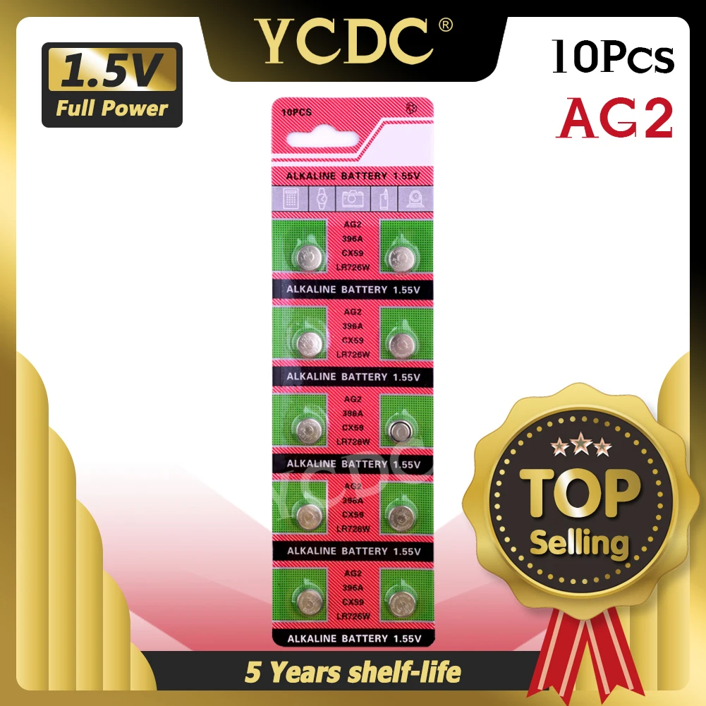 

10pcs/card AG2 For Watch Toys Remote LR726 396 Button Batteries SR726 196 Cell Coin Alkaline Battery 1.55V SG2 SR9 726 LR59