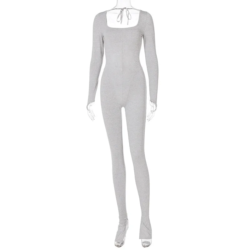 

Sexy Open Back Long Sleeve Jumpsuit One Piece Bodycon Outfits 2021 Fashion Women Sporty Romper Gray Black