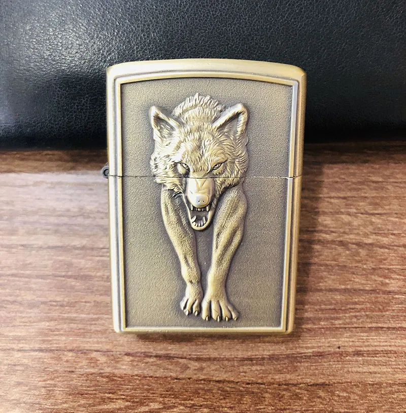 Креативная бронзовая керосиновая Зажигалка рельефы Зажигалка Constantine/flower/horse/eagle/skull - Цвет: wolf1