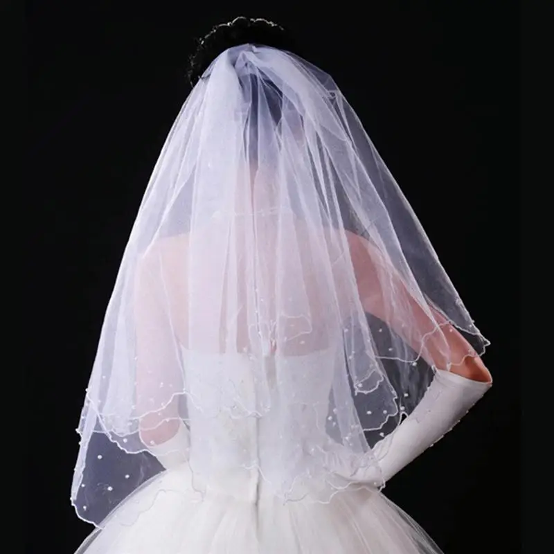 

80CM Long Wedding Veil Double Layer Pearls Beaded Wedding Bridal Veil Mantilla with Comb for Bride Marriage Wedding Accessories