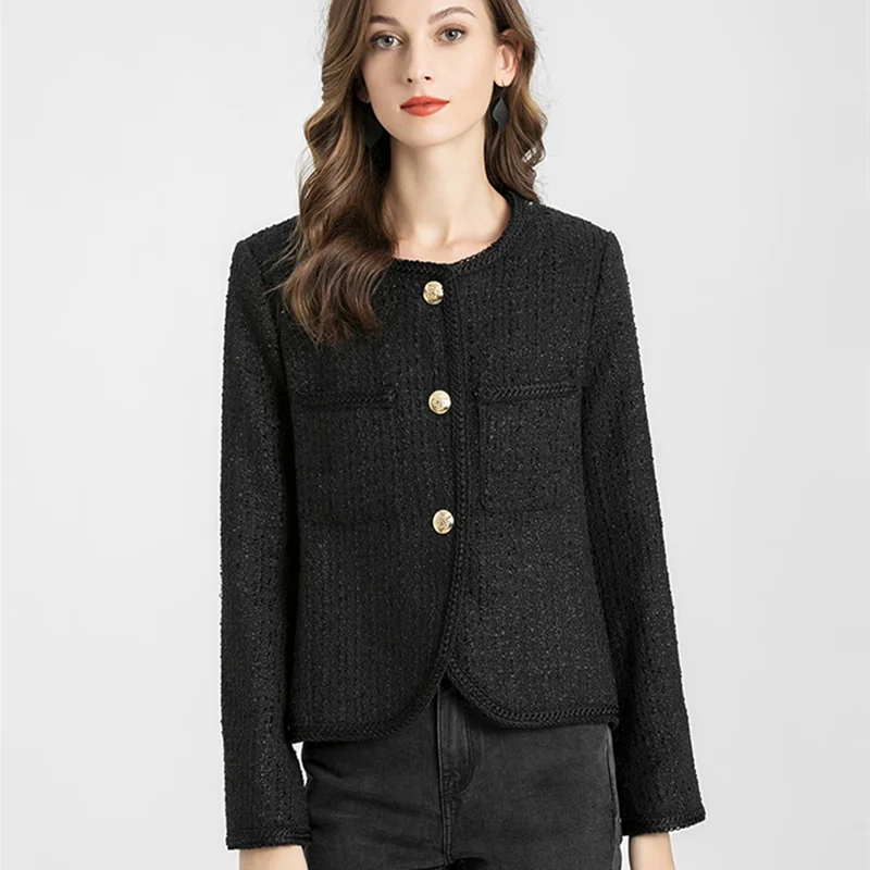 

2021 Spring Autumn Brand Designer Black Jacket Women Round Neck Single Breasted Short Tweed Jacket Coat Outwear