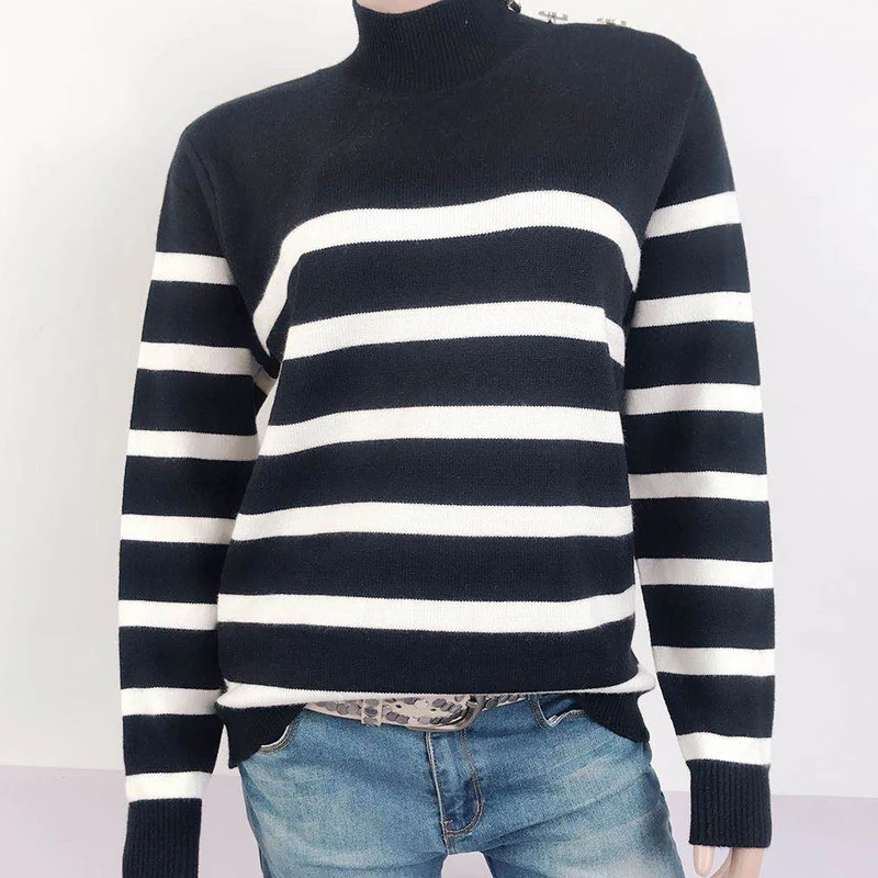 

Spring Autumn New High-neck Turtelneck Pullover Knit Sweater Shoulder Strap Buttoned Striped Jumpers Sweater for Women Dropship