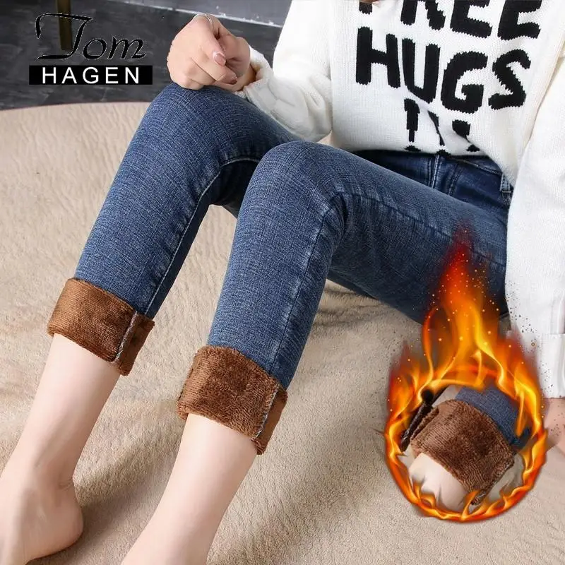 Теплые зимние джинсы для женщин с флисовой подкладкой высокой талией облегающие