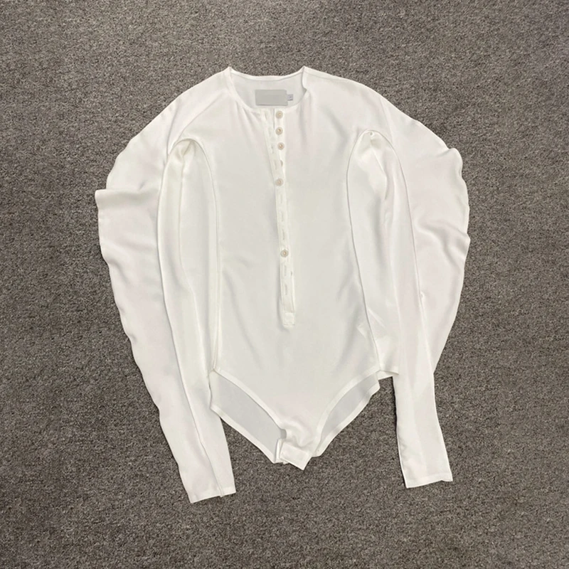 

VGH Sexy Black Playsuit For Women O Neck Puff Long Sleeve High Waist Tunic Minimalist Playsuits Female Summer Fashion 2021 Style