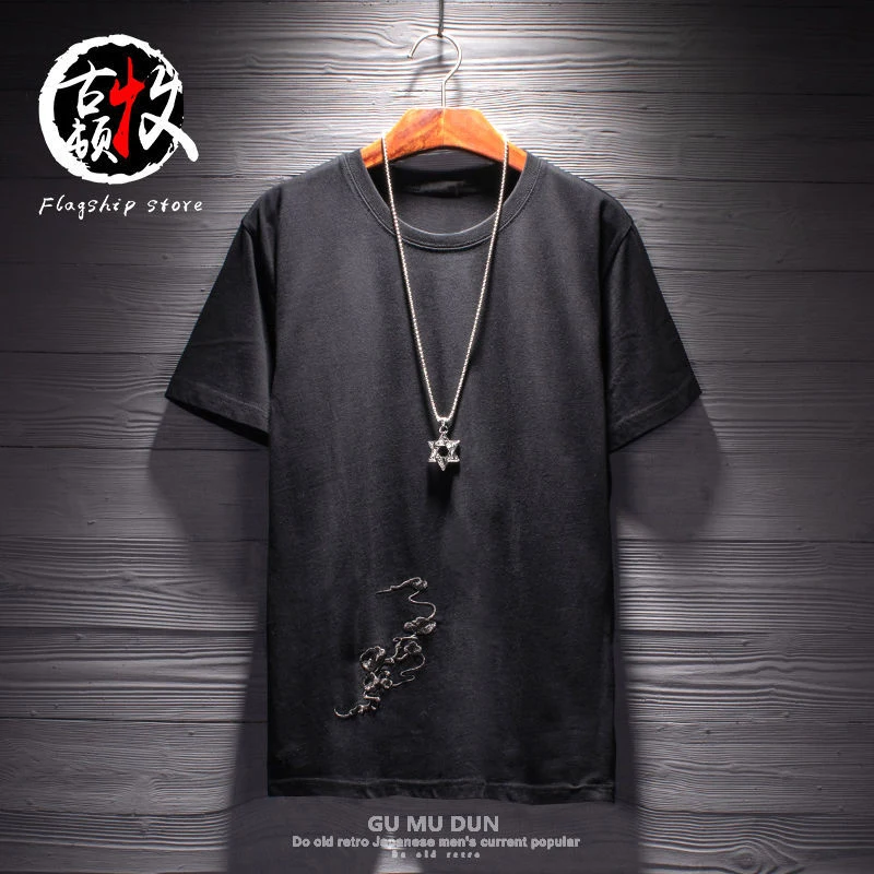 Футболка мужская оверсайз с вышивкой Kirin 100% хлопок в китайском стиле модная