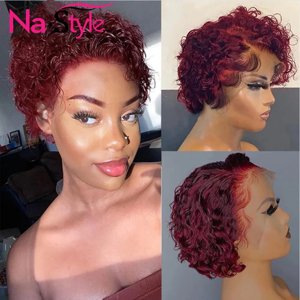 Burgundy Lace Wig For Women Red Curly Human Hair Wig Bleached Knots Deep Side T Part Short Bob Pixie Cut Wig Baby Hair 130 Remy