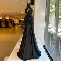 black halter evening gowns appliques beaded ruffles satin mermaid prom dress custom made formal celebrity dresses