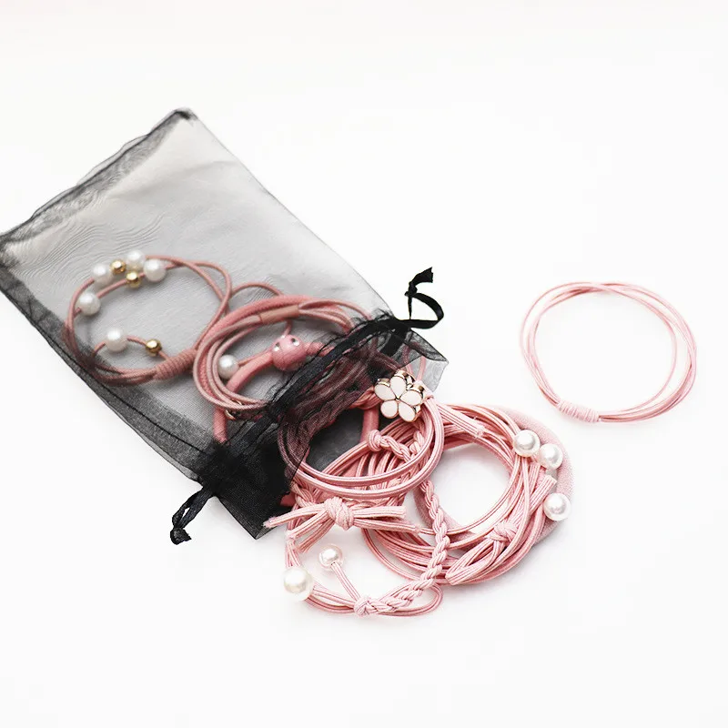 

Fashion 12Pcs/bag Girls Pearl Hair Ties Women Elastic Flowers Hairband Ponytail Hair Bands Headband Hair Accessory Set Net Bag