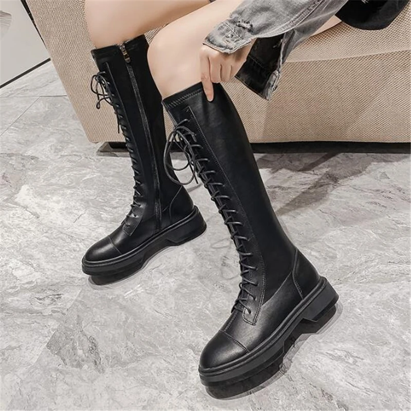 

Women Shoes Knee-High Knight Boots Sexy Stretch Leather Long Boots Thick Outsole Increased Motorcycle Boots 02A