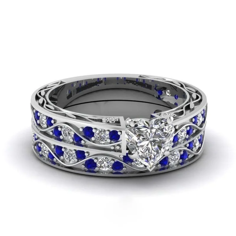 Модное кольцо для пары синее мужское белое сердце стразы рандомные наборы - Фото №1
