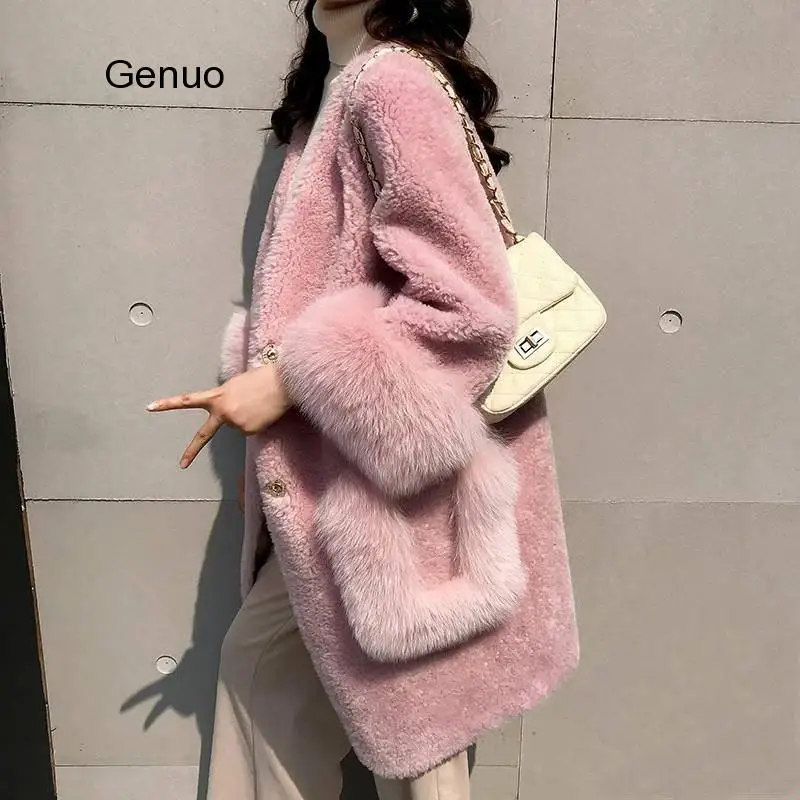 2020 Spring Women Solid Faux Fur Coats Lady Pockets Single Breastes Outwear Outerwear Female V-Neck Fur Jacket