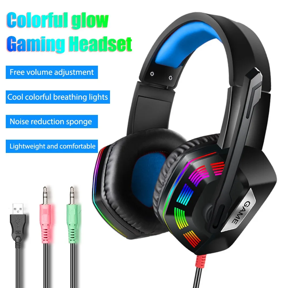 

M1 Headphone Stereo 3.5mm Wired Computer Gaming Headset Soft Earmuff RGB LED Light Mic Ear Headphones for Laptop Desktop