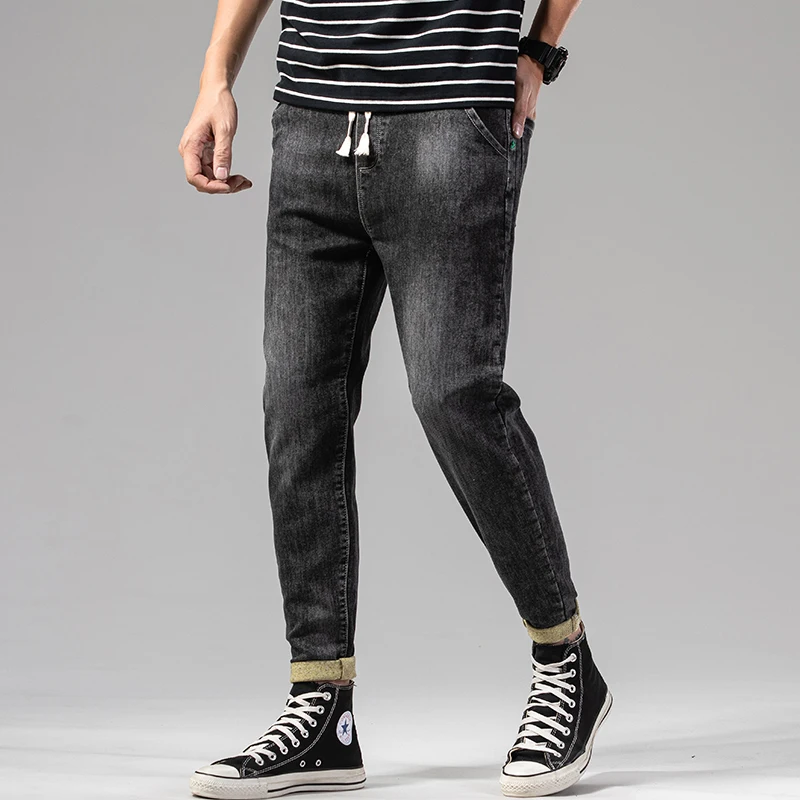 

New Men Casual Elastic Waist Slim Washable Jeans Trend Pants Fashion Simple No Pilling Lace Up Straight Pants Show Thin