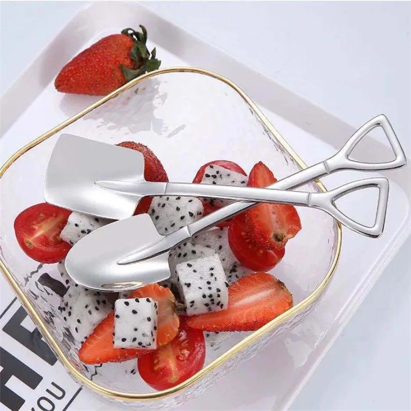 

2PCS/set Stainless Steel Iron Shovel Spoon Coffee Ice Cream Spoon Engineering Shovel Retro Cute Square Head Spoon Kitchen Gadget