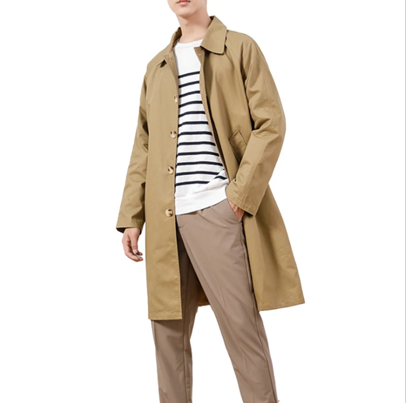 

Тренчкот мужской средней длины, простой однобортный повседневный жакет из хлопка, цвета хаки, черный, бежевый, цвет коричневый, осень-весна