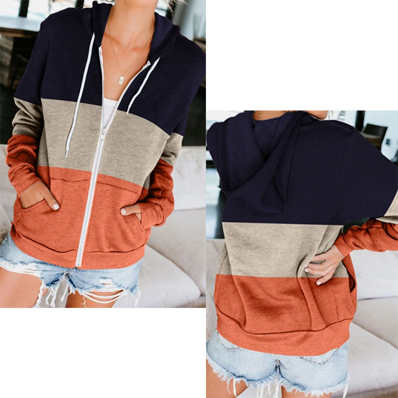 

Long-sleeved hoodies zipper pocket cardigan sweater with contrast color for women popular in Europen and American for winter