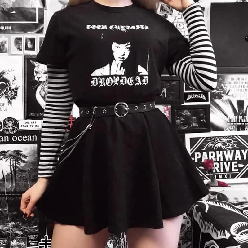Drop Dead Women's Gothic T-Shirt Egirl Edgy Fashion Aesthetic Oversized Tshirt Female Harajuku Streetwear Grunge Top Clothes | Женская