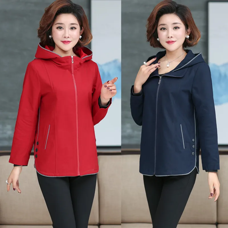

SexeMara Hooded Zipper Coat Solid 2018 Spring Fall New Middle Age Mother Plus Size Women Top Overcoat Outerwear