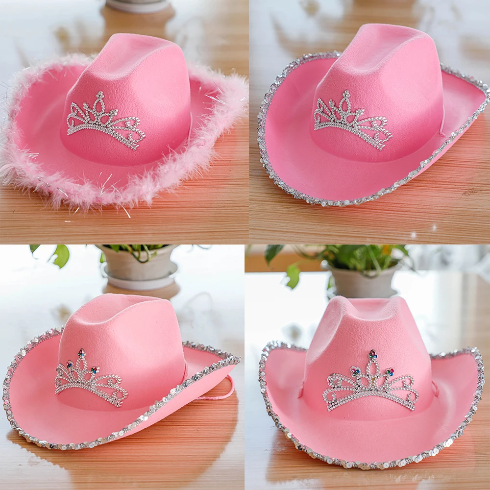 

Western Style Pink Cowboy Hat for Women Cute Cowgirl Cap with Tiara Girls Outdoor Sun Hat Novelty Holiday Party Cap One Size