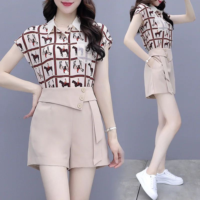 

summer new 2021 small foreign style slim Chiffon print short sleeve shirt High Waist Shorts two piece suit