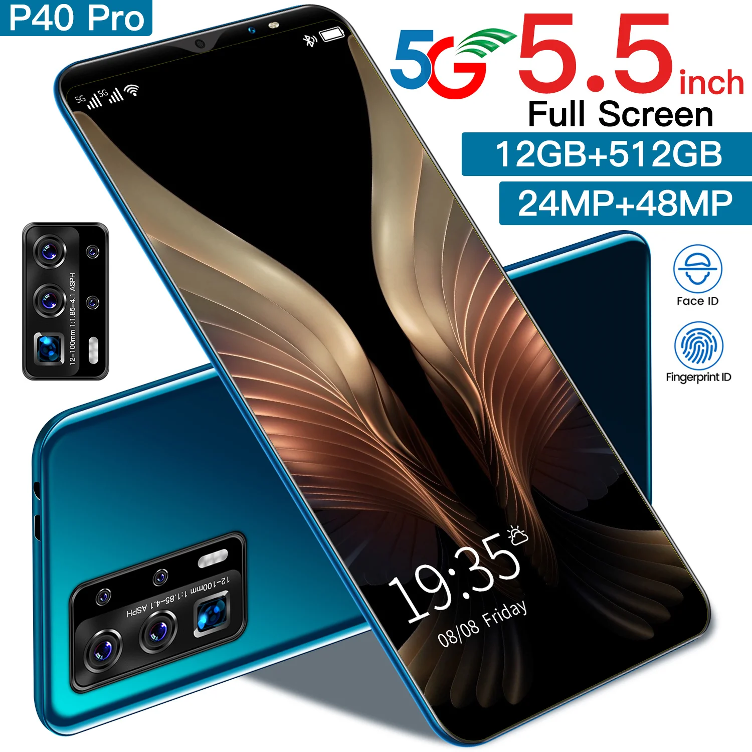 

Galxy P40 Pro 5G Smartphone 5.5 Inch Screen Android 10.0 Cellphone 24+48MP 10 Core Unlock Mobilephone 4800mAh Battery Face ID