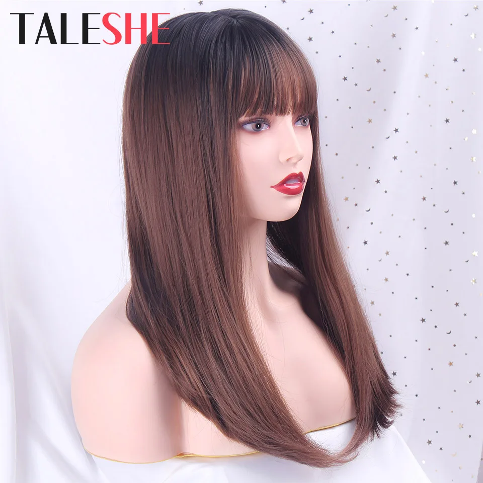 

Dark Root Ombre Brown Long Synthetic Wig with Bangs Straight Natural Headline Party False Hair Wigs for Women
