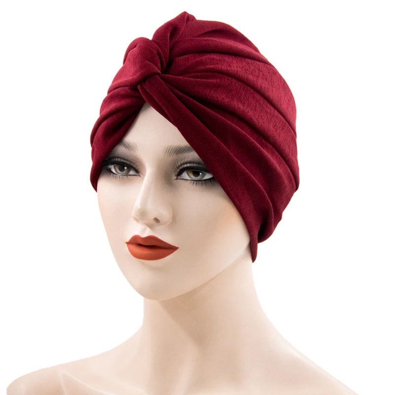 

Fashion Muslim Hats Knot Headwrap Turban Cross Forehead Solid Bottoming Indian Toe Cap Muslim Kerchief Chemo Cap