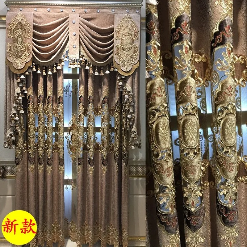 

Light Luxury Chenille Curtains for Living Room Dining Room Bedroom Curtain European Style Hollow Embroidered Curtain Valance