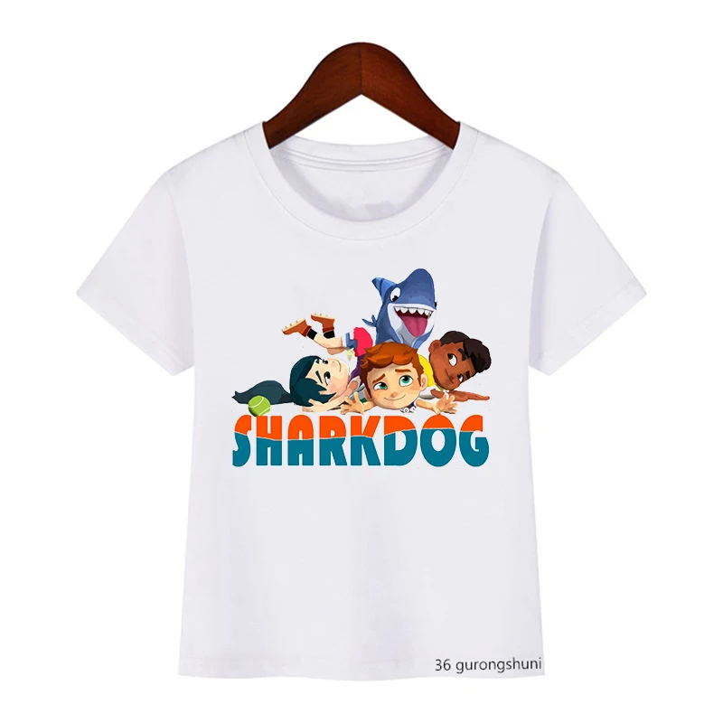 

New boys t-shirt Funny Sharking With Sharkdog Cartoon Print Children'S Tshirt Summer girls tshirt Boy Clothes Short sleeved Tops