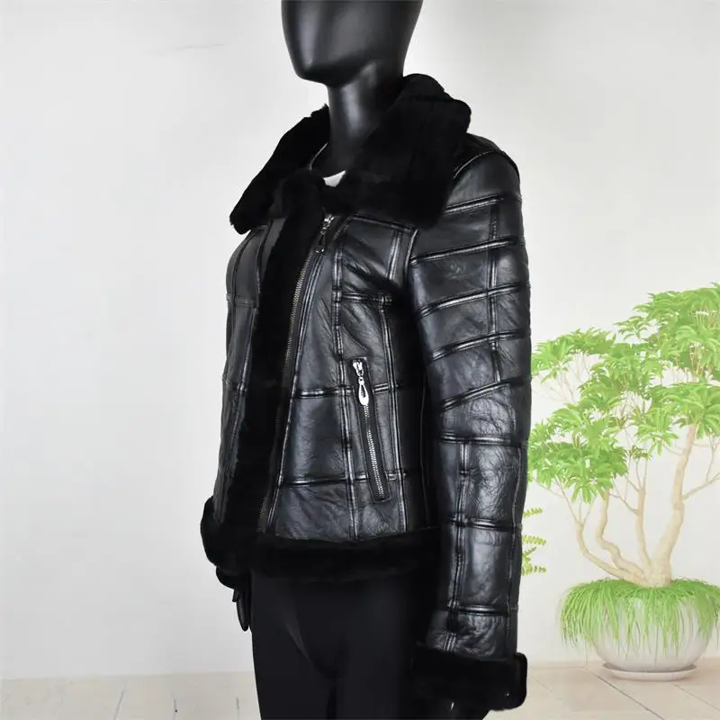 Real Sheep Skin Fur Splicing Autumn Winter Tops Warm Leather Coat Women Vest New Fashion Motorcycle Clothing Sheepskin Crop top