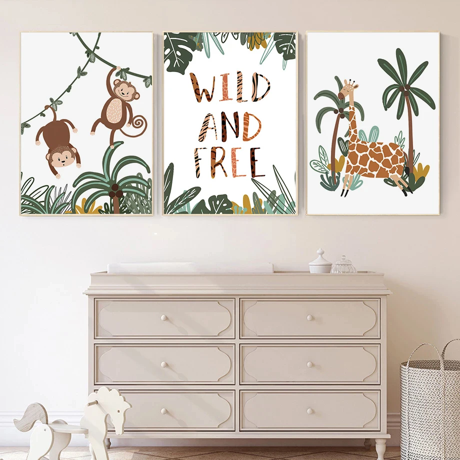 Настенный плакат с животными в джунглях обезьянами львом жирафом мультяшный