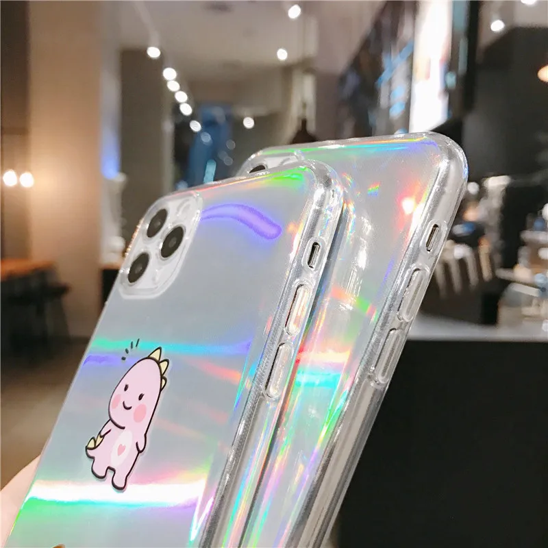 

Cartoon Dinosaur Phone Case For iPhone 7 11 Pro X XS MAX XR 8 6 6s Plus Cute Couple Laser Card Soft Back Cover Candy Color Capa