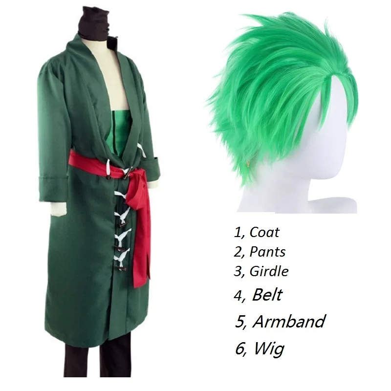 

Movie ONE PIECE Cosplay Roronoa Zoro Costumes Full Suits Dark Green Coat and Pants Red Belt Matched Orginal Cosplay Cloth