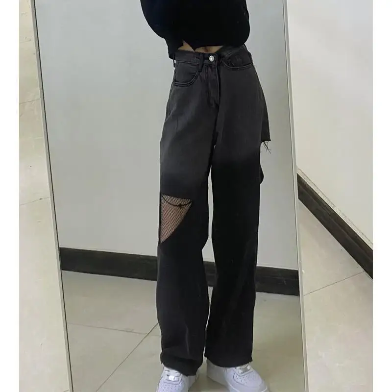 

Рваные джинсы с высокой талией, женские прямые свободные джинсовые брюки-бойфренды, повседневные джинсовые брюки, модная уличная одежда, ме...