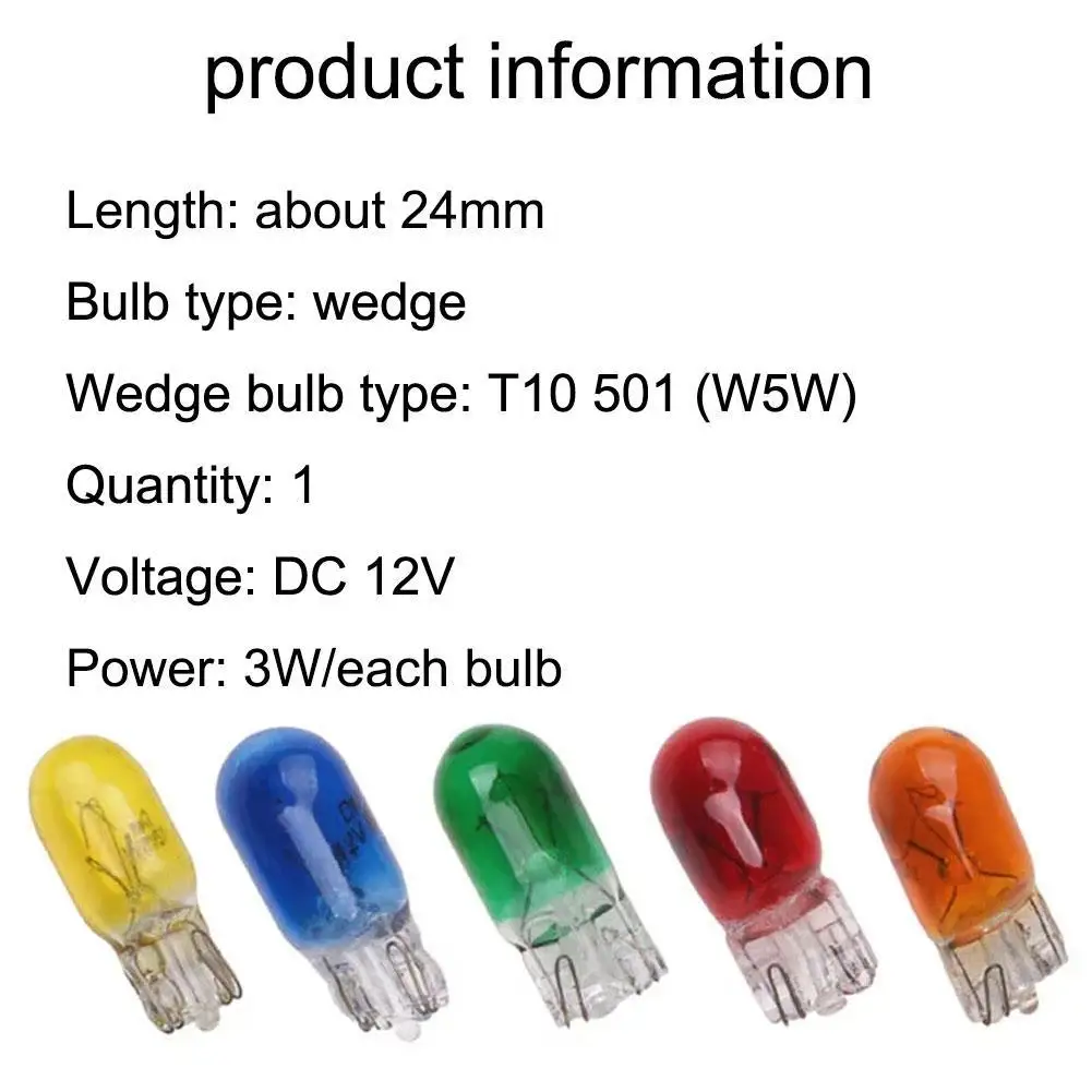 

1pcs T10 About 24mm Halogen Bulb W5w White,blue Red Amber Green Color 12v 3w New Side Wedges Car Light Source Instrument Lamp