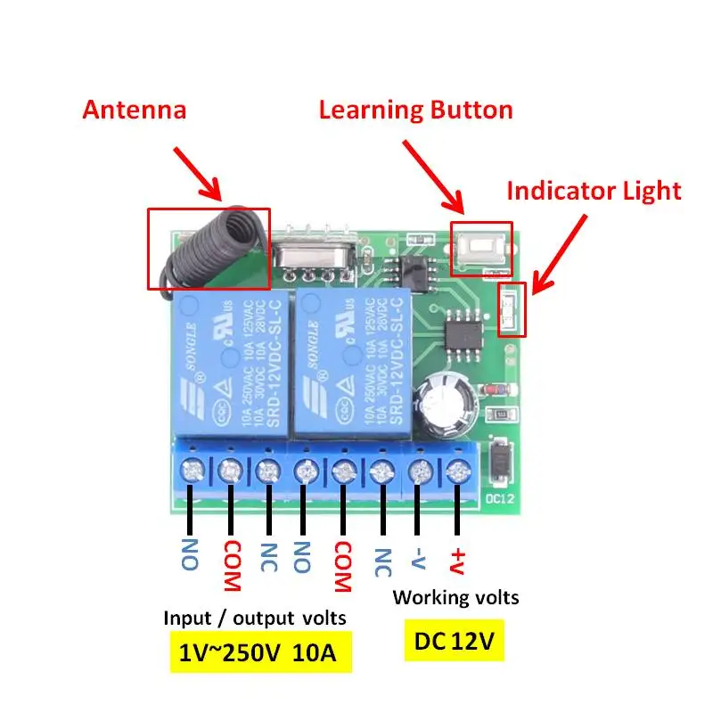 12V 10A 2CH rf релейный Приемник 433MHz Универсальная беспроводная открывалка с дистанционным управлением для электрических штор/ворот/гаража/дверей
