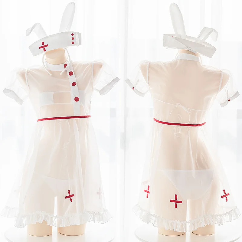 

White Nurse Cross Embroidery Uniform Suit Cosplay Lovely Rabbit First Aider Perspective Dress Bikini Chiffon Underwear 4Pcs Set