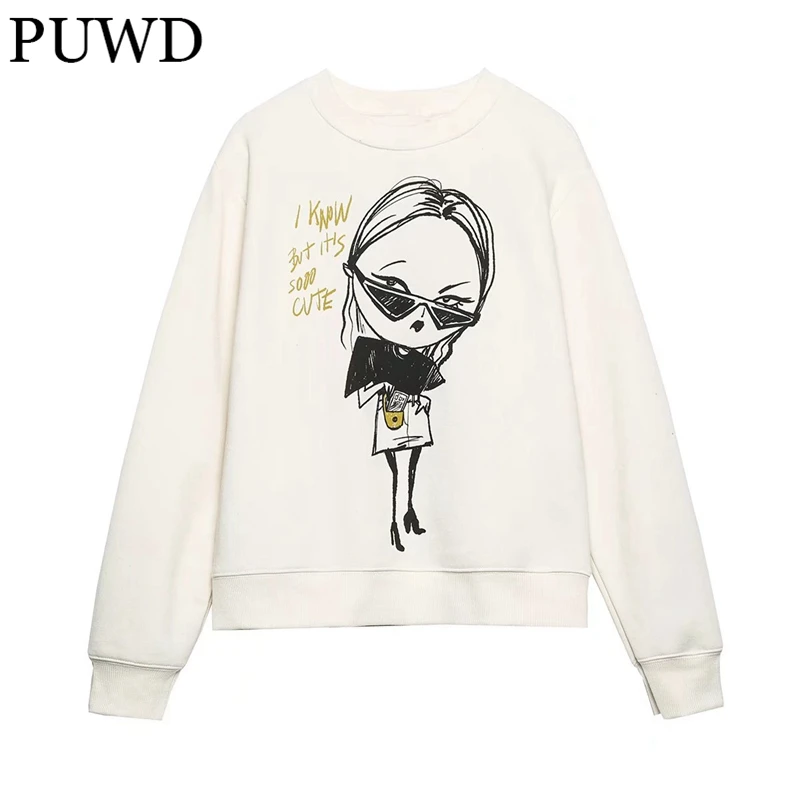 

PUWD Y2K Women O Neck Fleece Printed Sweatshirt 2022 Spring Fashion Ladies Streetwear Pullover Female Chic Long Sleeve Tops
