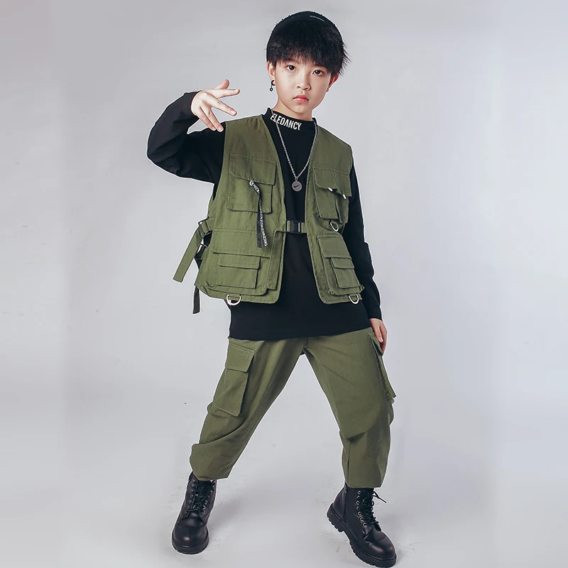 Kid Army Green Tactival Vest Top Waist Coat Casual Hip Hop Pants Clothing Stripe Shirt for Girls Boys Dance Costume Clothes Wear | Детская