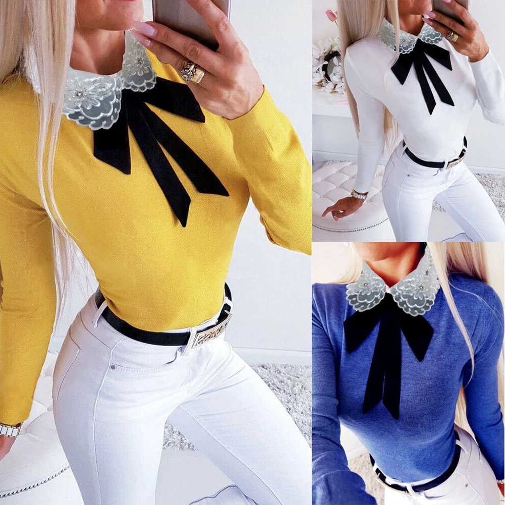 Женская трикотажная футболка облегающий кружевной джемпер с вышивкой на