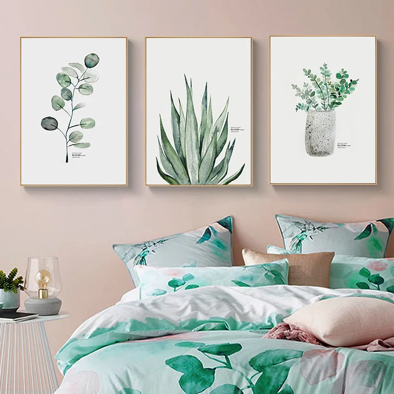 Водяная краска Зеленый лист холста плакат Nordic Wall Art Ботаническая печать живописи скандинавское украшение картина для дома.