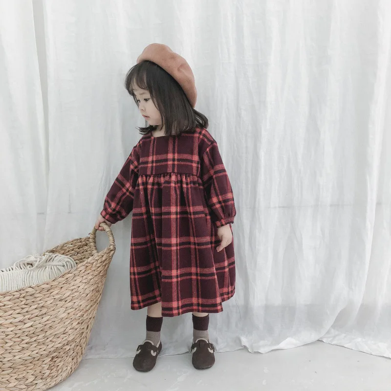 Autumn Winter cute girls fashion puff sleeve plaid long dresses baby kids wollen casual all-match princess dress | Детская одежда и
