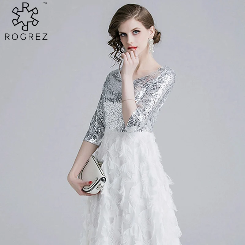 Silver ROGREZ/серебристо-белые элегантные вечерние платья с блестками и перьями в стиле пэчворк, длиной до щиколотки, длиной до щиколотки, длинные платья - Цвет: Silver