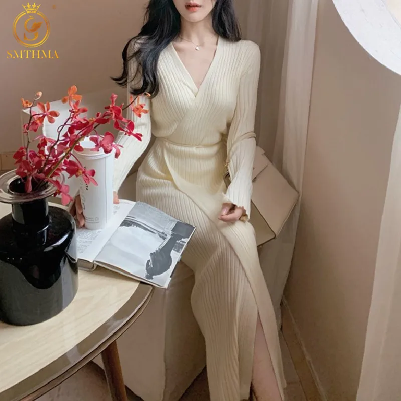 

SMTHMA 2021 Новое Осеннее и зимнее платье-свитер средней длины женское винтажное трикотажное платье с длинным рукавом на шнуровке Vestidos