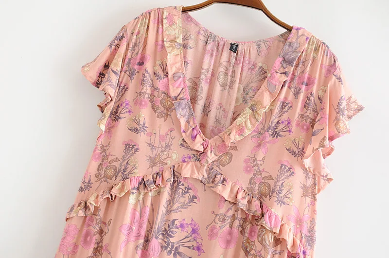 

2021 Vintage chic women floral print lantern sleeve Drawstring rayon Bohemian dresses V neck Tassel Boho pleated Mini dress A665